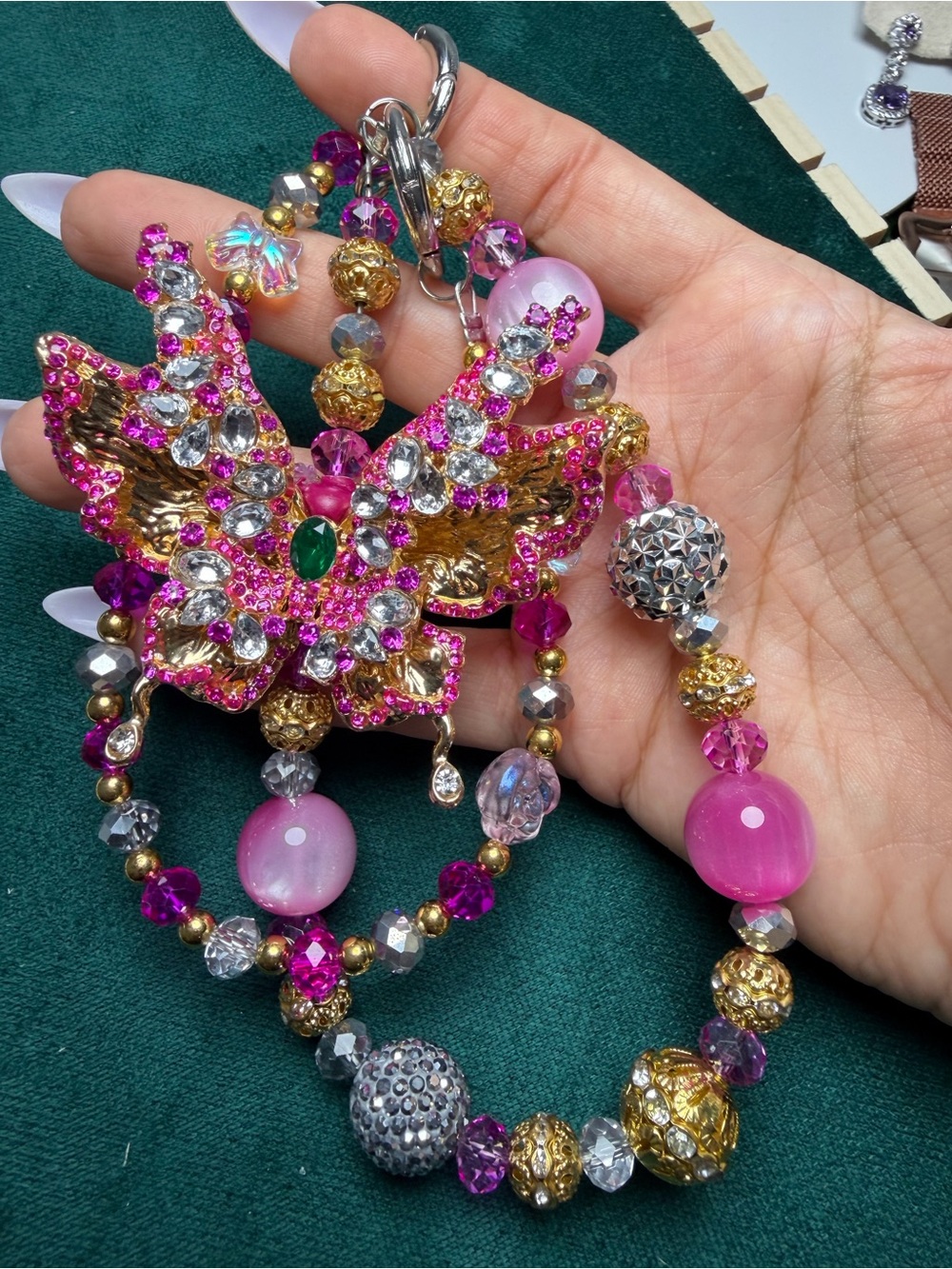 Large Pink Butterfly Crystal Bag Charm or Keychain